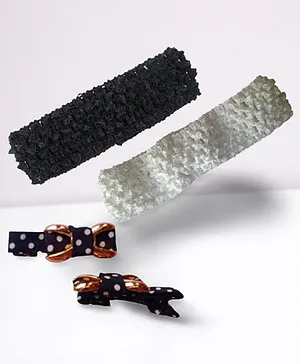 Akinos Kids Pack Of 2 Crochet Knitted Soft Elastic Headbands With Matching Grossgrain Polka Dot Bow Hair Clips  - Black And White