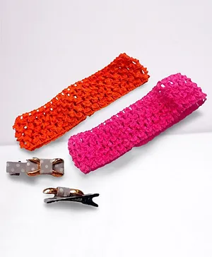 Akinos Kids Pack Of 2 Crochet Knitted Soft Elastic Headbands With Matching Grossgrain Polka Dot Bow Hair Clips  - Orange And Pink