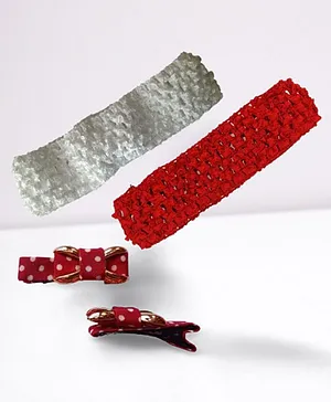 Akinos Kids Pack Of 2 Crochet Knitted Soft Elastic Headbands With Matching Grossgrain Polka Dot Bow Hair Clips  - White And Red