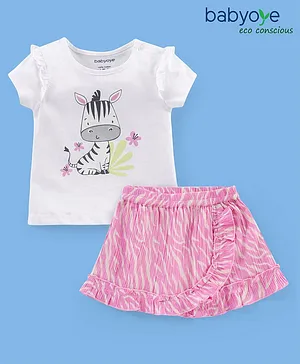 Babyoye Eco Conscious Crinkle Gauze Half Sleeves Top & Skirt Set Zebra Print - White & Pink