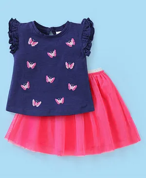Babyhug 100% Cotton Half Sleeves Top & Skirt Butterfly Sequins Pattern  - Navy & Pink
