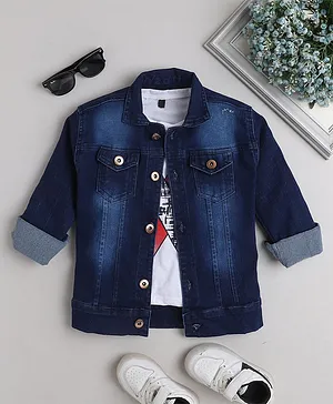 Ministitch Full Sleeves Washed Denim Jacket With Half Sleeves Six Printed T Shirt - White And Navy Blue