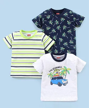 Babyhug Cotton Knit Half Sleeves  Striped & Palm Tree Printed T-Shirts Pack of 3 - Blue & Grey