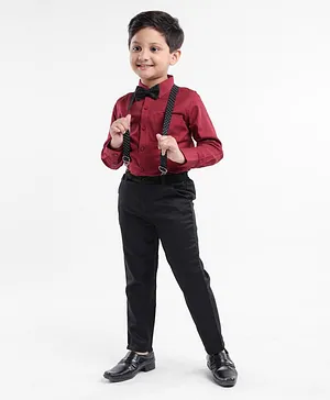Babyhug Woven Full Sleeves Solid Party Shirt & Trouser Set with Bow & Suspenders - Maroon & Black