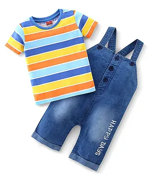 Babyhug Single Jersey Half Sleeves T-Shirt & Denim Dungaree With Text Embroidery - Blue & Orange