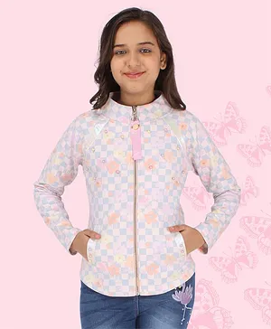 Cutecumber Full Sleeves Suede & Iridescent Floral Printed & Chessboard Checked Winter Sweat Jacket - Peach