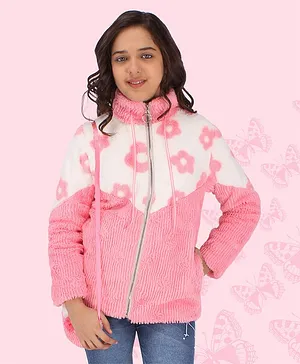Cutecumber Full Sleeves Flower Design Colour Blocked Fur Lined Applique Winter Jacket With Sling Bag - Pink