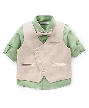 Babyoye Cotton Textured Solid Full Sleeves Party Shirt With Waistcoat & Bow- Beige & Green