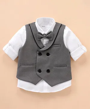 Babyoye Cotton Textured Full Sleeves Party Shirt With Waistcoat & A Bow- Grey
