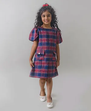 Fairies Forever Half Sleeves Multi Checkered Dress - Blue Red