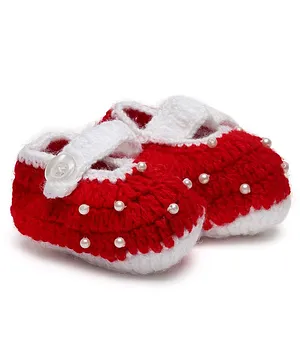 MayRa Knits Hand Knitted Woven Design Detailed & Pearl Embellished Booties - Red