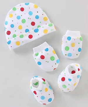 Simply Cotton Knit Polka Dots Printed Cap Mittens & Booties Set White - Diameter 10 cm