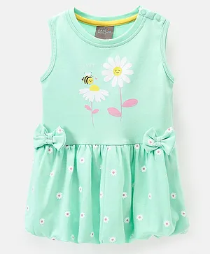 Little Kangaroos Sleeveless Bee Print Frock with Bow Applique - Green