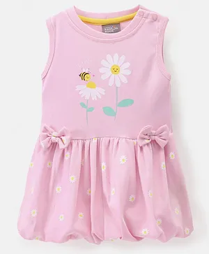 Little Kangaroos Sleeveless Bee Print Frock with Bow Applique - Pink