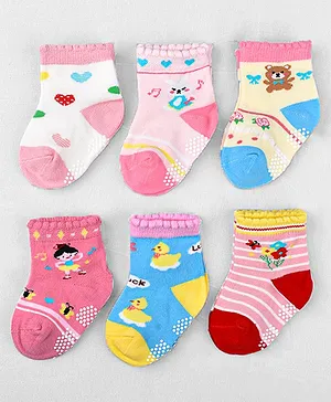 Footprints Organic Cotton Antiskid Pack Of 6 Girl Animal Teddy Detailed Socks - Multi Colour