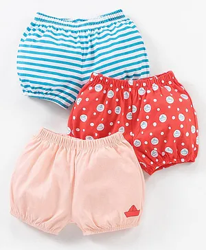 Babyhug 100% Cotton Knit Striped Bloomers Boat Print Pack of 3 - Red Blue & Pink