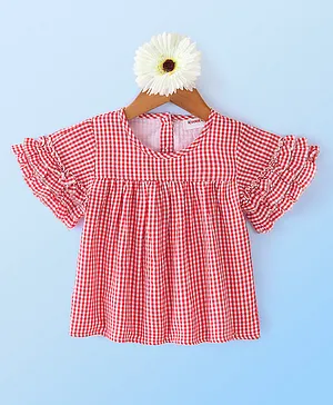 Kookie Kids Yarn Dyed Half Sleeves Checks Top with Frill Detailing -Red