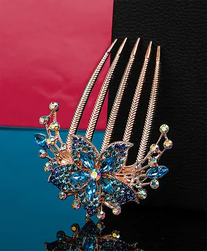 Yellow Chimes Crystal Studded Floral Design Comb Pin - Blue