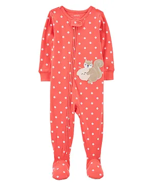 Carter's Cotton Knit Full Sleeves Polka Dots Printed Sleep Suit with Squirrel Applique - Pink