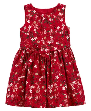 Carter's Cotton Knit Sleeveless Floral Printed Frock with Tie Up Detailing - Red