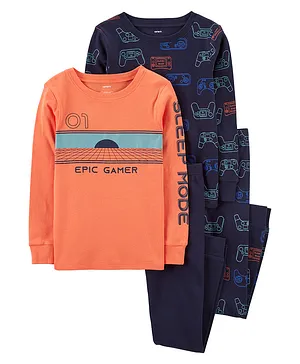 Carter's Cotton Knit Full Sleeves Night Suit Games Print Pack of 2 - Orange & Navy