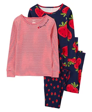 Carter's Cotton Knit Full Sleeves Striped Night Suit Fruity Print Pack of 2 - Red & Navy Blue