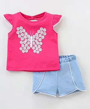 Babyhug 100% Cotton Knit Frill Sleeves Top & Shorts Set Floral Print - Pink & Blue