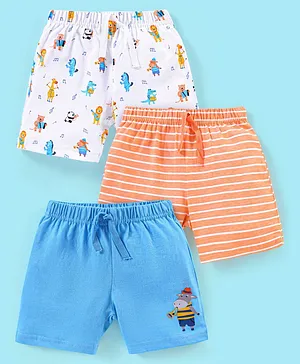 Babyhug Cotton Knit Above Knee Striped Shorts Giraffe Print Pack of 3 - Orange White & Blue