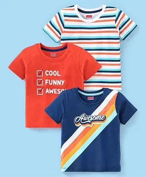 Babyhug Cotton Half Sleeves T-Shirt Text & Stripes Print Pack of 3 -Blue & Red