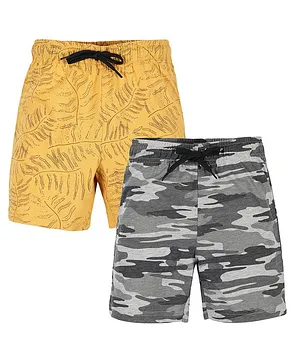 Plum Tree Pack Of 2 Forest Leaves & Cmouflage Printed Shorts  - Grey & Yellow