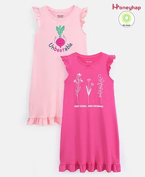 Honeyhap Premium 100 % Cotton Sleeveless Biowashed Nighties Unbeetable Text & Floral Print - Raspberry Sorbet & Gossamer Pink