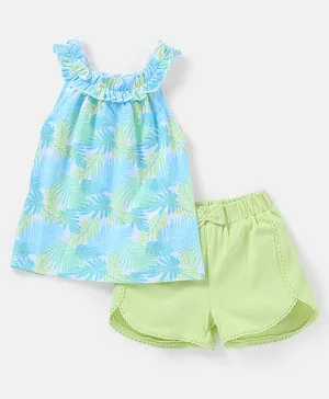 Babyhug 100% Cotton Sleeveless Top and Shorts Set Floral Print - Green & Blue