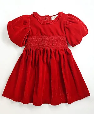 Cherry Crumble By Nitt Hyman Puffed Half Sleeves Smocked Waist & Flower Embroidered Fit & Flare Dress - Red