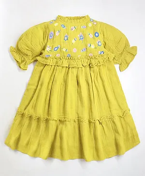 Cherry Crumble By Nitt Hyman Puffed Half Sleeves Flower Embroidered Yoke With Ruffle Detailed Fit & Flare Dress - Olive Yellow