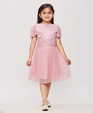 Tiny Girl  Half Layered Flutter Sleeves Star Glitter Printed & Embellished Tutu Party Midi Dress - Pink