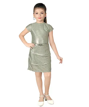 Tiny Girl Cap Sleeves Striped Self Design Metallic Shine Party Dress - Green