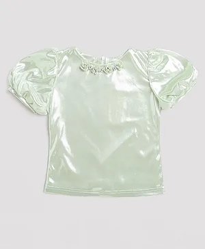 Tiny Girl Half Puffed Sleeves Metallic Shine With Tiny Dots Self Design Party Top - Light Green