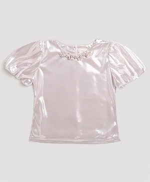 Tiny Girl Half Puffed Sleeves Metallic Shine With Tiny Dots Self Design Party Top - Light Pink
