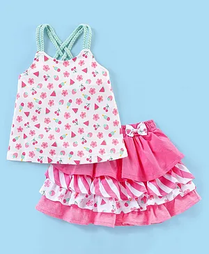 Babyhug 100% Cotton Sleeveless Top With Shorts Bow Applique & Floral Print - Pink & White