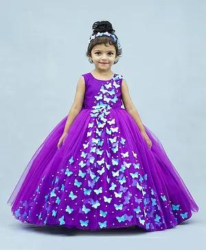 Li&Li BOUTIQUE Sleeveless Spreaded 3D Butterfly Applique & Pearl Embellished Fit & Flare Gown - Purple & Sky Blue