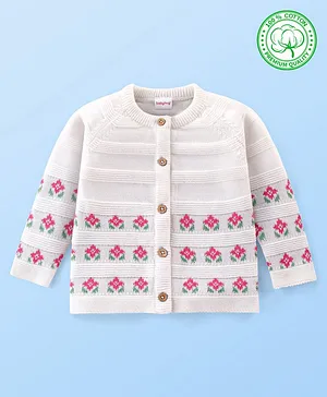 Babyhug Organic Cotton Full Sleeves Front Open Floral Design Sweater - White & Pink