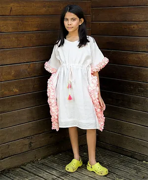 Fairies Forever Half Kaftan Frilled Sleeves Solid Front Tie Up With Tassel Kaftan Dress - Off White