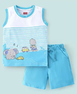 Babyhug 100% Cotton Knit Sleeveless T-Shirt & Shorts With Teddy Print - Blue & White