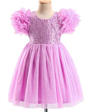 Babyhug Woven Half Sleeves Sequinned Party Frock -Lavender