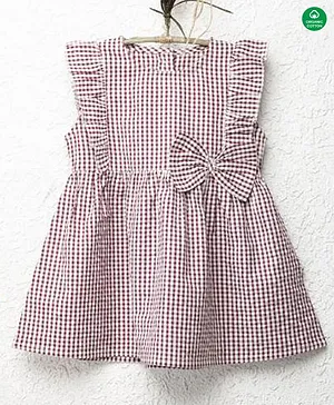 Nino Bambino 100% Cotton Cap Sleeves Frill Bodice Detailed Gingham Checked Fit & Flare Bow Embellished Dress - Dark Peach