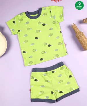 Nino Bambino 100% Cotton Half Sleeves All Over Raccoon Printed Tee With Coordinating Shorts - Green