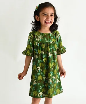 Campana 100% Cotton Forest Theme Frill Half Sleeves All Over Flower & Leaf Motif Printed Flared Dress - Green