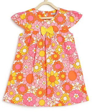 Campana 100% Cotton Cap Sleeves Seamless Garden Flowers Printed &  Bow Embellished A Line Dress - Pink & Yellow
