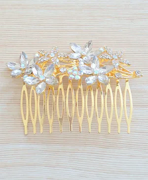 Pretty Ponytails Flower Stone & Rhinestone Studded Hair Comb Pin - Gold And White