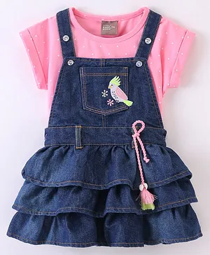 Little Kangaroos Cotton Denim Layered Frock with Half Sleeves Tee Bird Embroidered - Pink & Light Blue